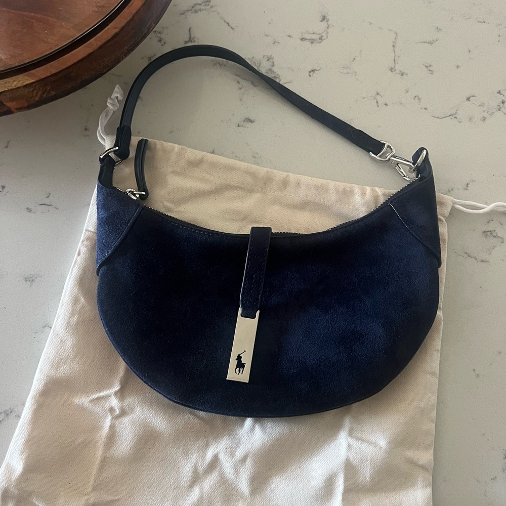 Polo by Ralph Lauren Navy Shoulder Bag silver hardware blue suede mini polo id - Picture 2 of 8